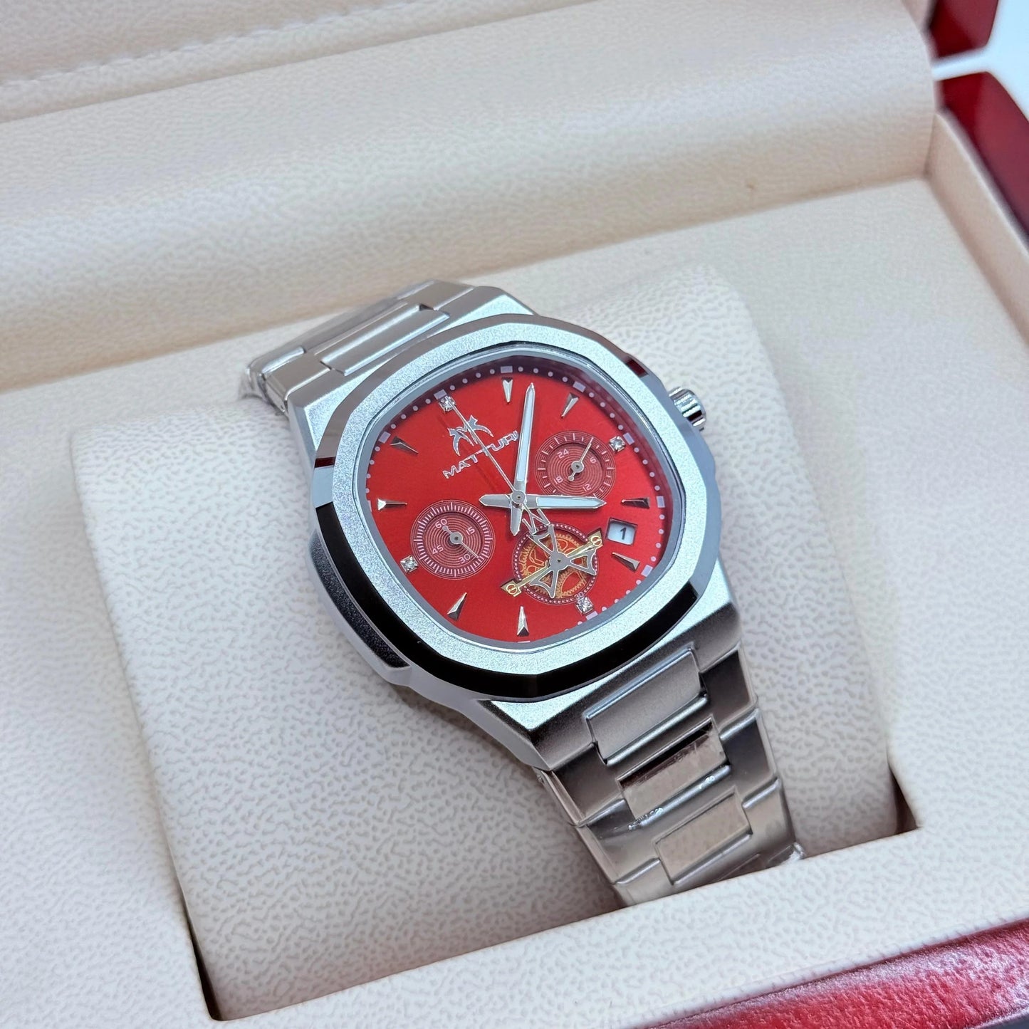 Matturi silver with Red Dial (All Chronograph Working )