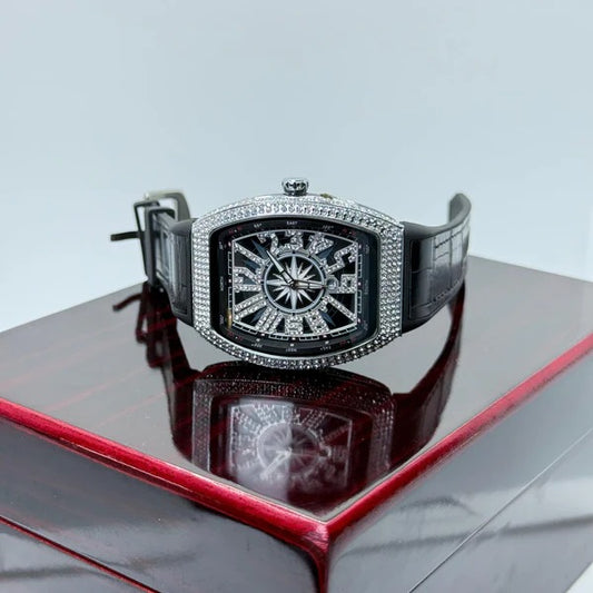 FM Black leather strap with white diamond watch